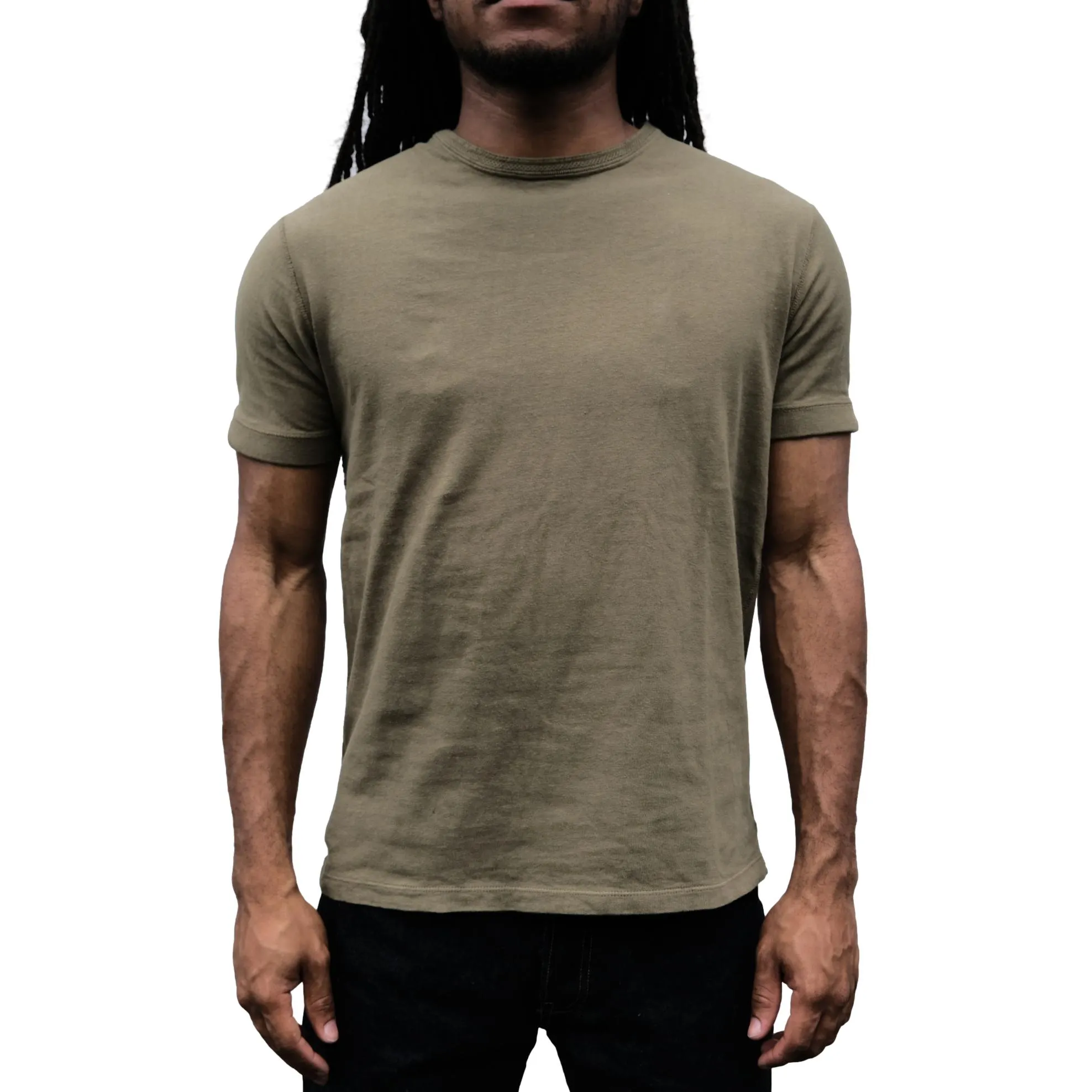 Loop & Weft Loopwheel Ribbed Cuff S/S Crewneck Tee (Olive) sold by Okayama Denim