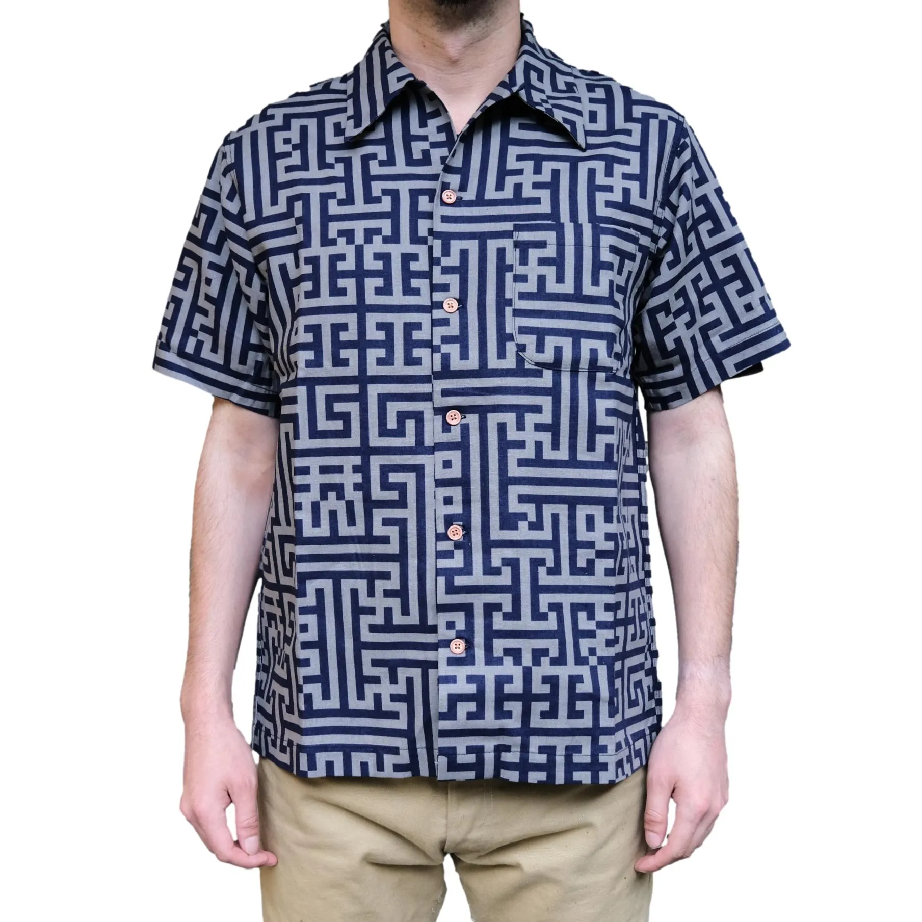 Samurai Jeans SSA26-02 Geometric Pattern Aloha Shirt sold by Okayama Denim