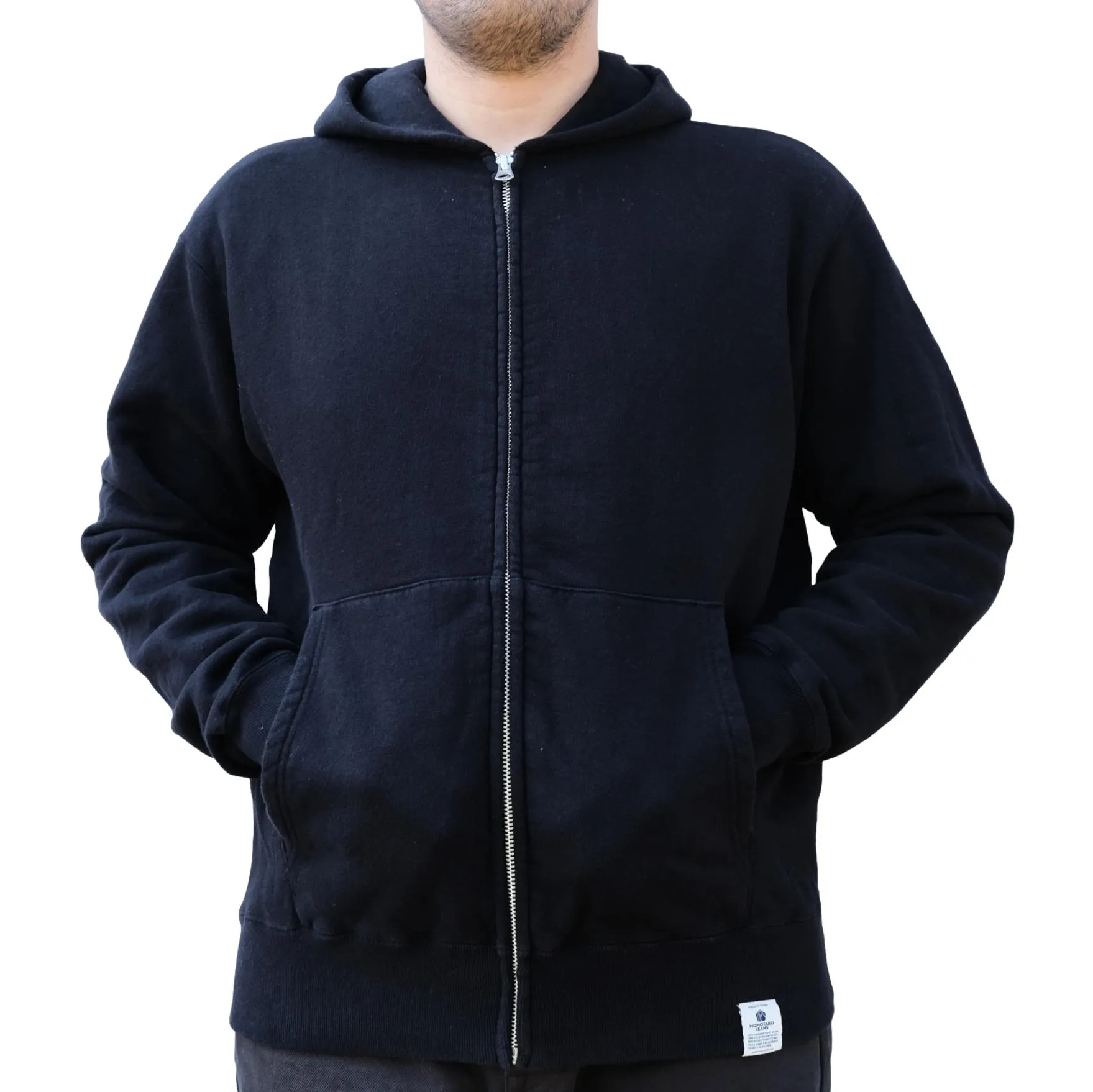 Momotaro Loopwheel Zip-up Hoodie (Black) sold by Okayama Denim