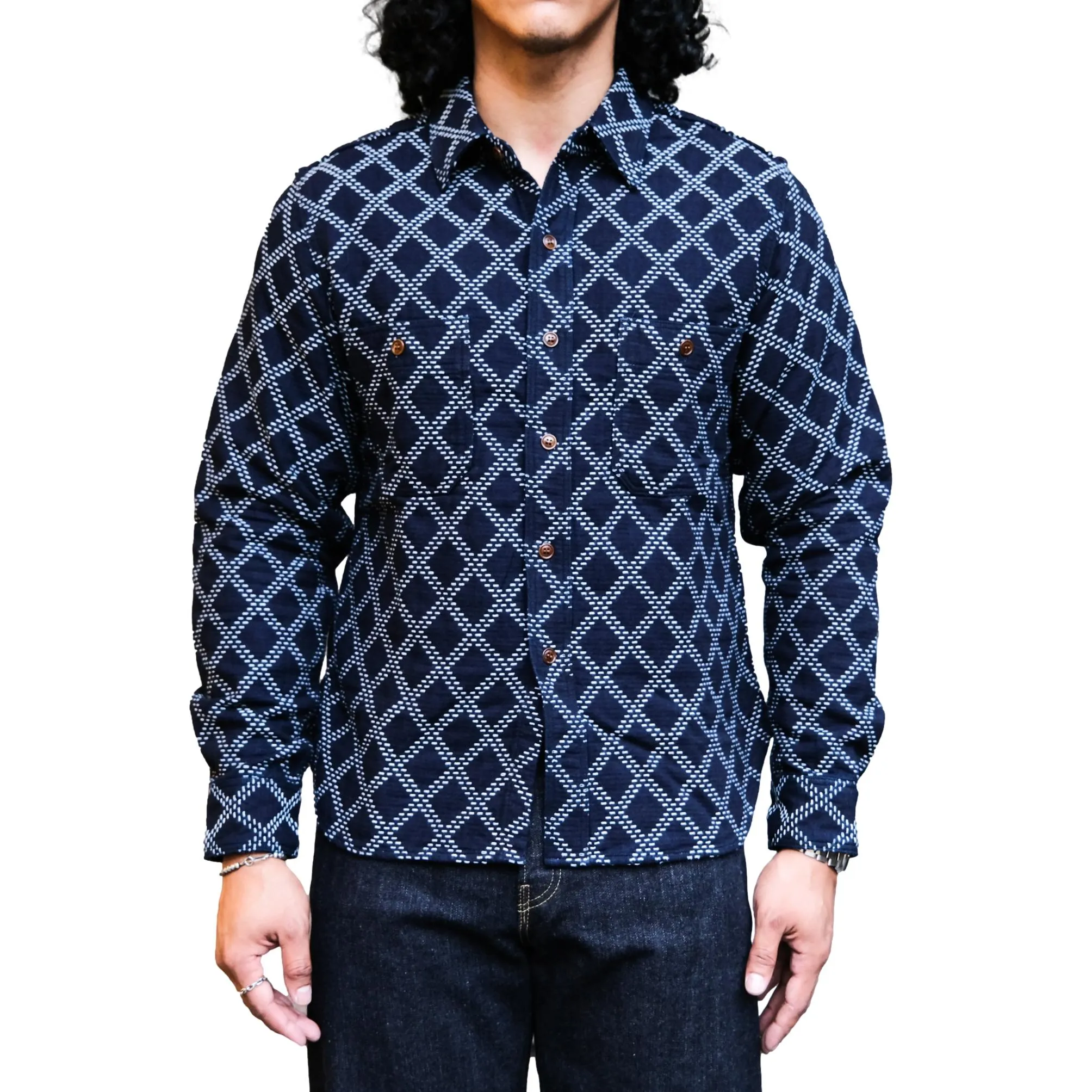 Studio D'Artisan Indigo Diamond Sashiko Shirt sold by Okayama Denim