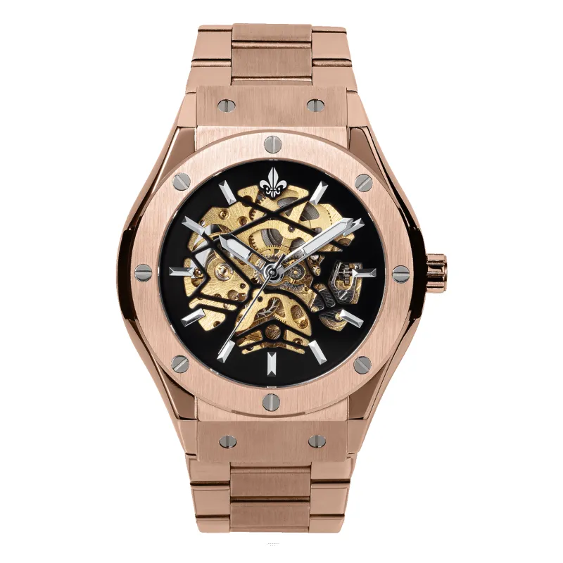 Prague Skeleton Automatic Deluxe - Rose Gold + Rose Gold Link Strap sold by Ralph Christian