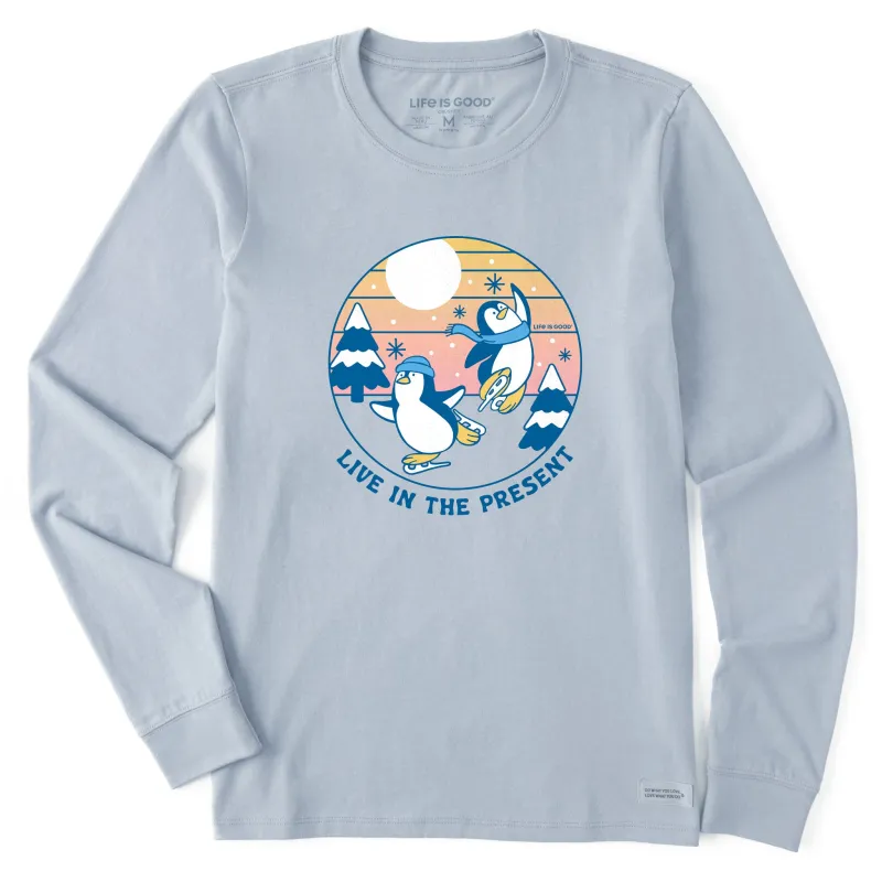 Women's Live in the Present Penguins Long Sleeve Crusher Tee sold by Life is Good