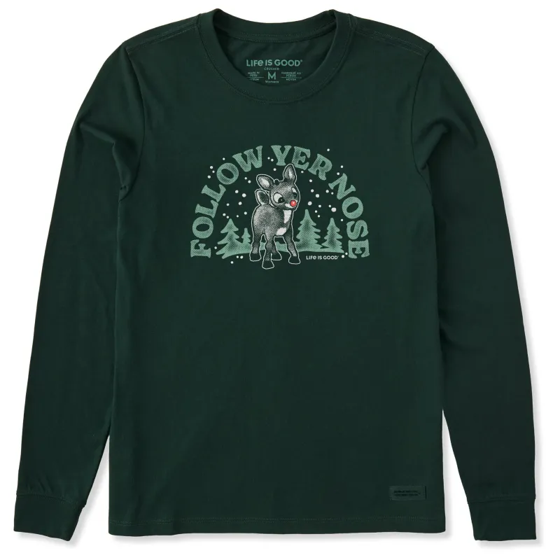 Women's Rudolph Follow Yer Nose Long Sleeve Crusher Tee sold by Life is Good