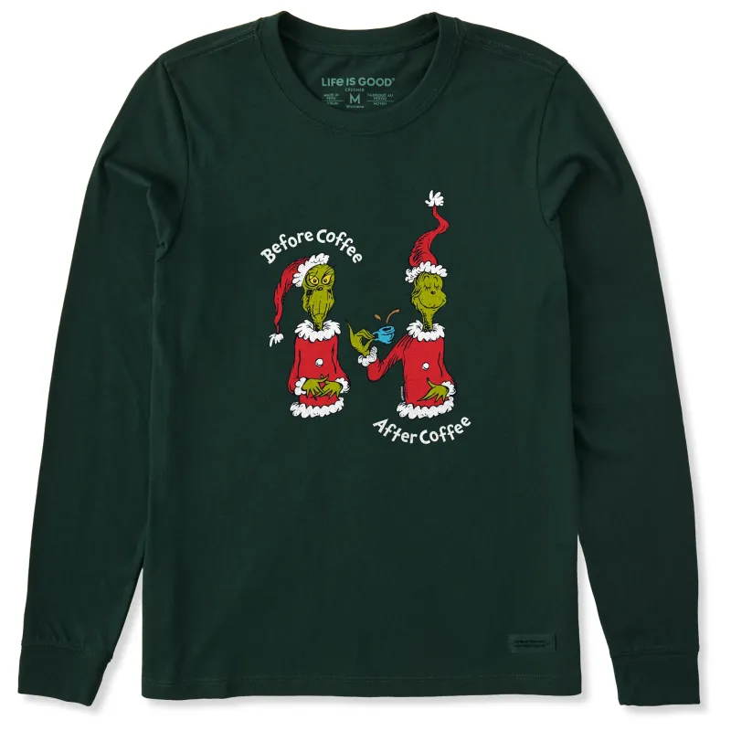 Women's Grinch Before/After Coffee Long Sleeve Crusher Tee sold by Life is Good