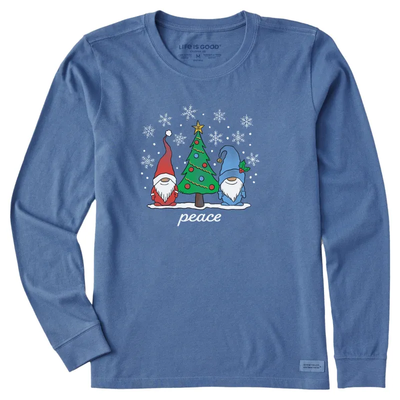 Women's Peace Christmas Tree Gnomes Long Sleeve Crusher Tee sold by Life is Good