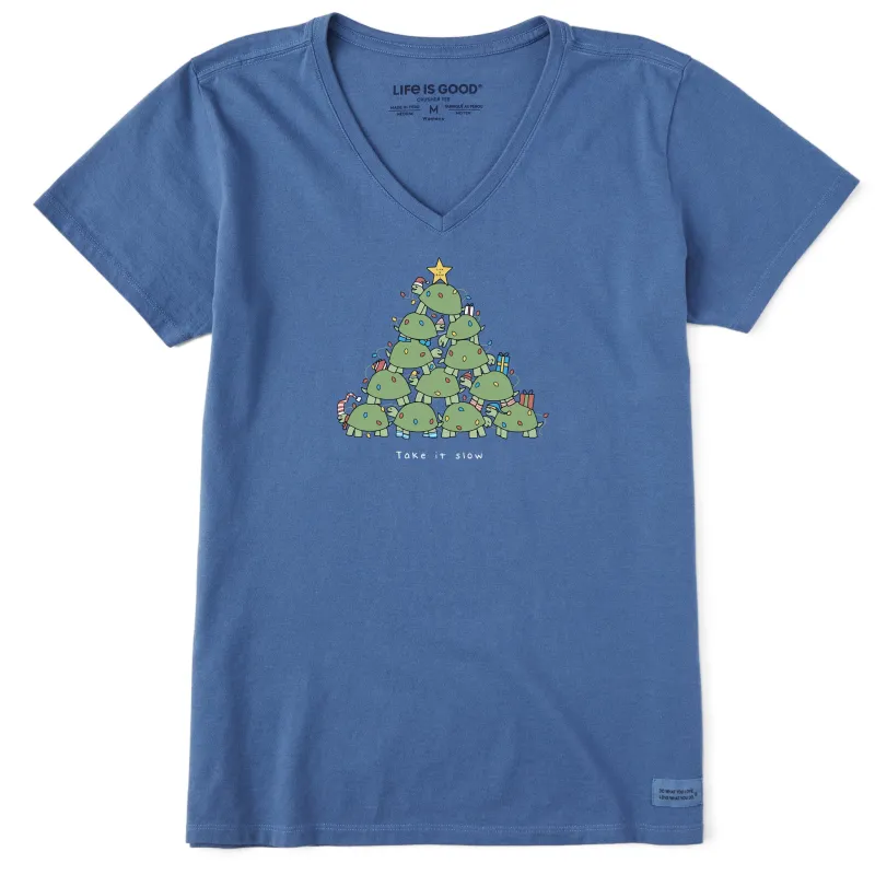 Women's Take it Slow Turtle Xmas Tree Short Sleeve Crusher Vee sold by Life is Good
