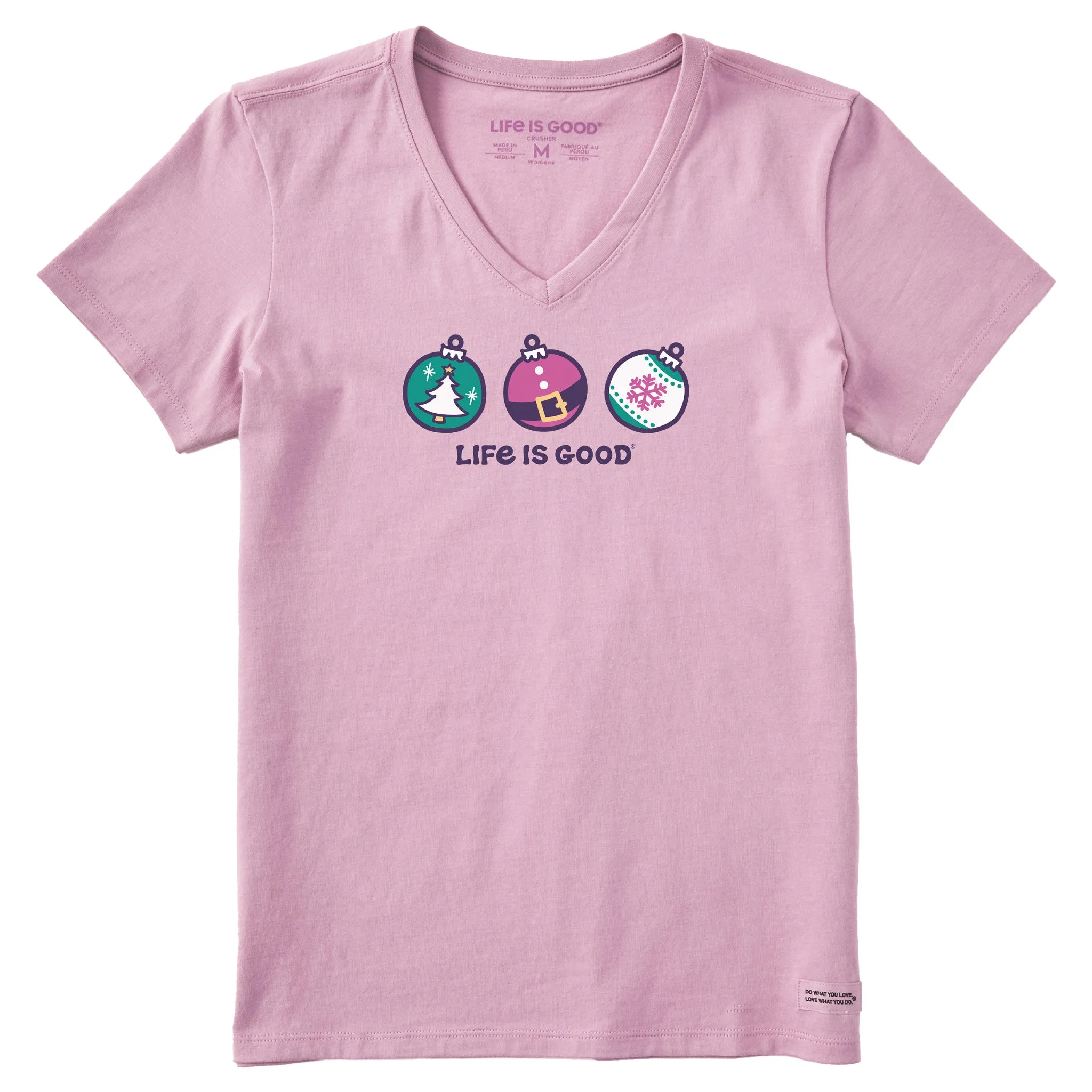 Women's Christmas Ornament Trio Short Sleeve Crusher Vee sold by Life is Good