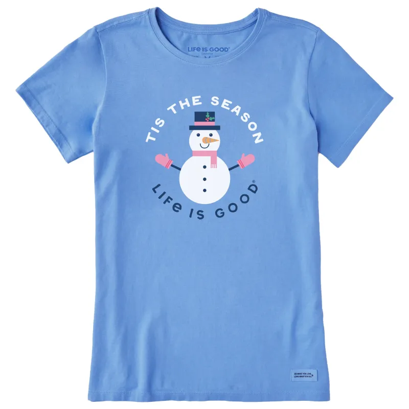 Women's Tis the Season Snowman Short Sleeve Crusher Tee sold by Life is Good