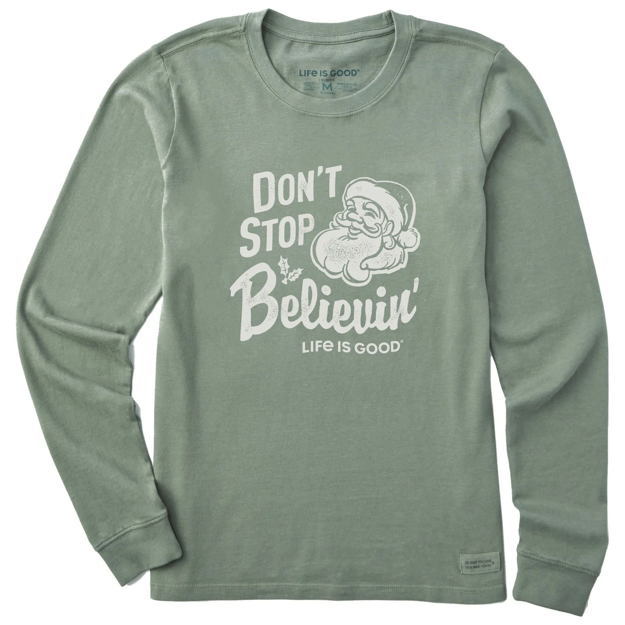 Women's Santa Don't Stop Believin Long Sleeve Crusher Tee sold by Life is Good