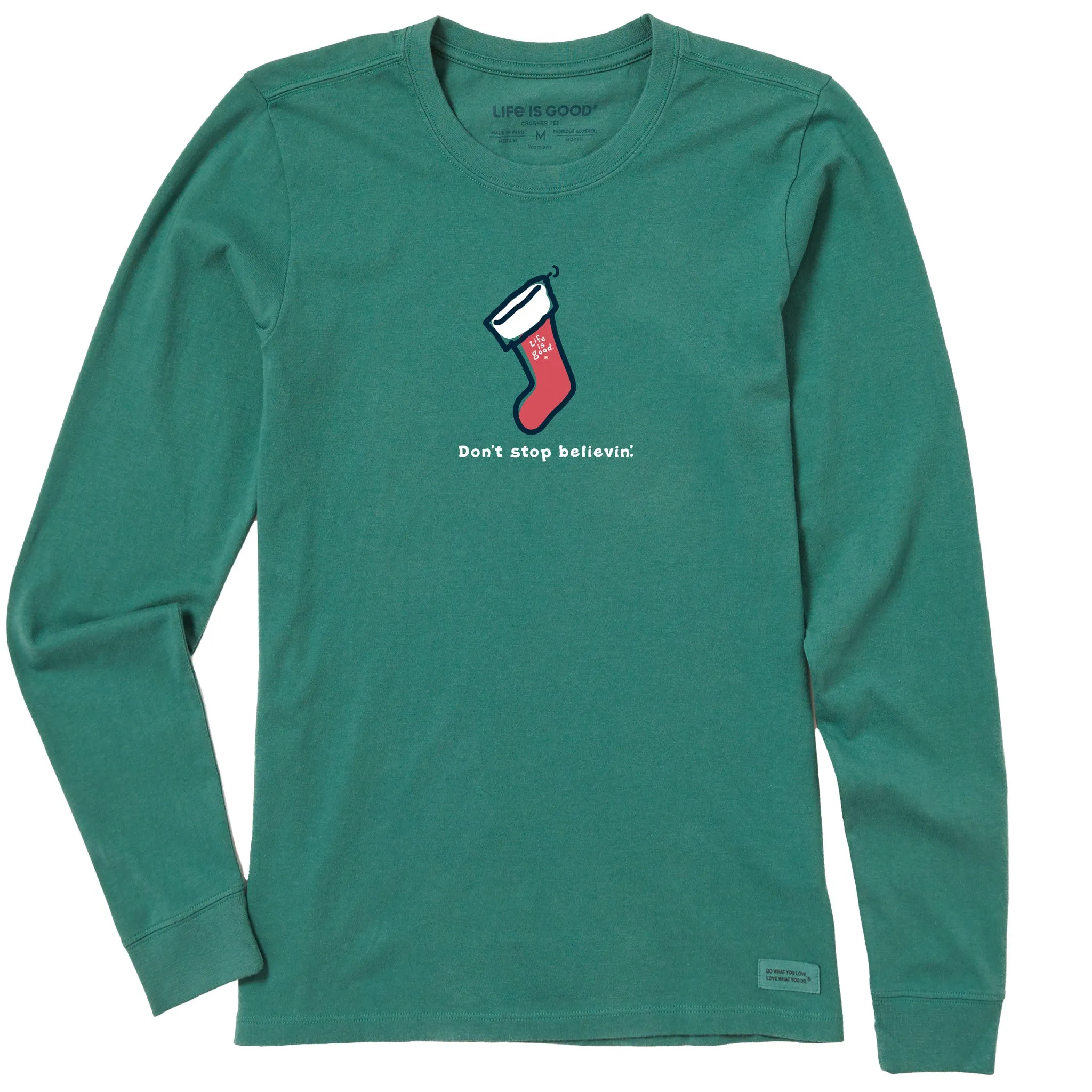 Women's Don't Stop Believin' Stocking Long Sleeve Crusher Tee sold by Life is Good