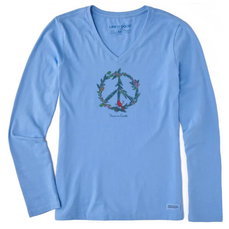 Women's Winter Pines Peace on Earth Long Sleeve Crusher Vee sold by Life is Good