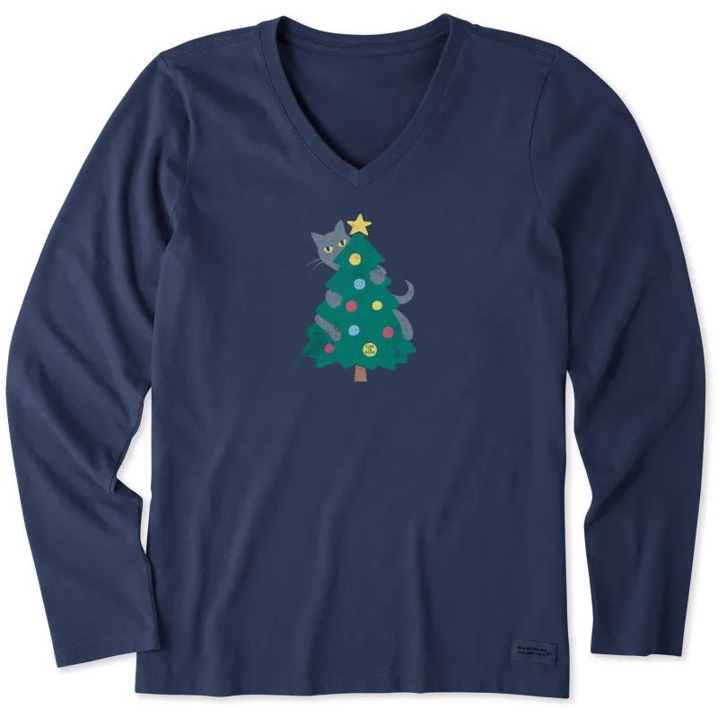 Women's Cat Christmas Tree Long Sleeve Crusher Vee sold by Life is Good