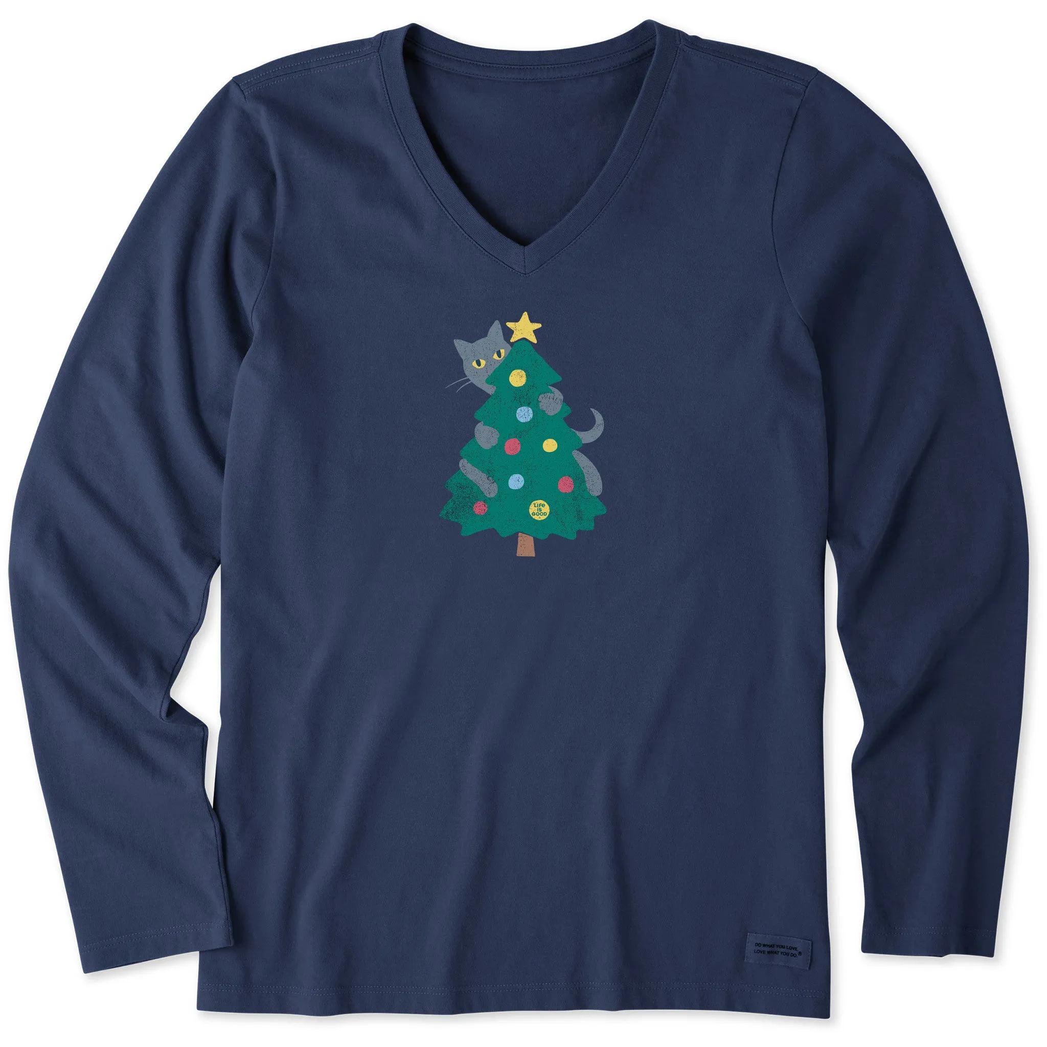 Women's Cat Christmas Tree Long Sleeve Crusher Vee sold by Life is Good