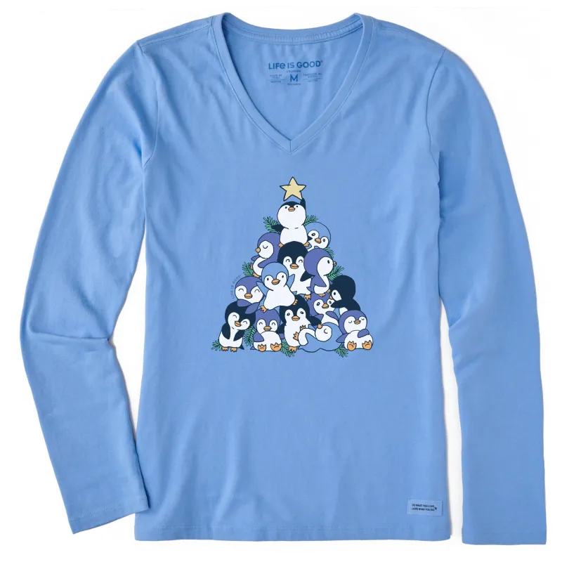 Women's Penguin Christmas Tree Long Sleeve Crusher Vee sold by Life is Good