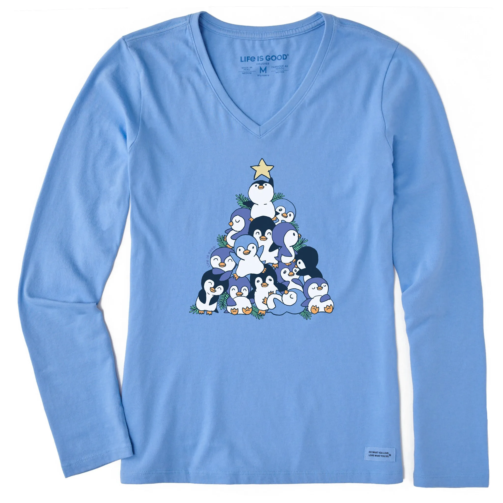 Women's Penguin Christmas Tree Long Sleeve Crusher Vee sold by Life is Good