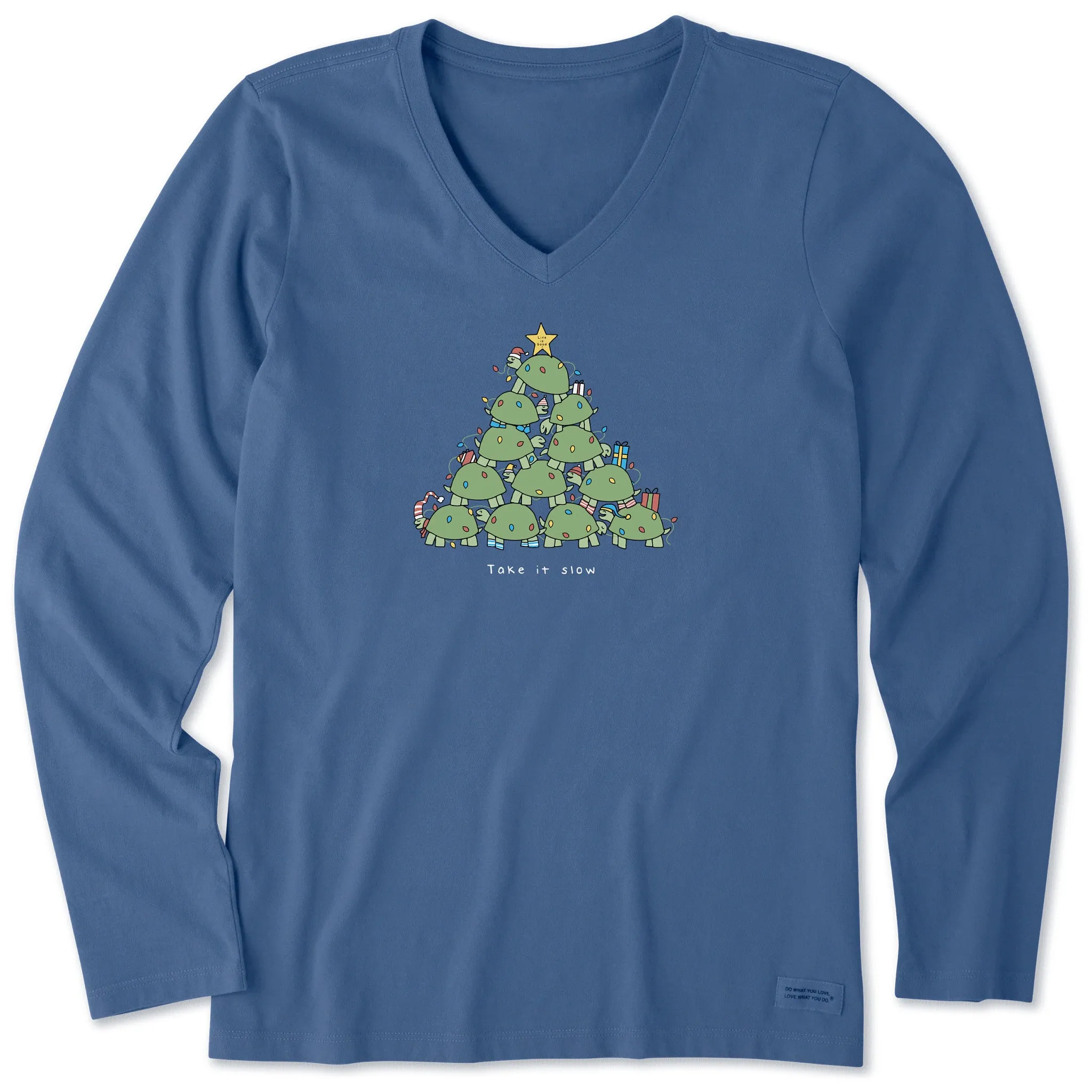 Women's Take it Slow Turtle Xmas Tree Long Sleeve Crusher Vee sold by Life is Good