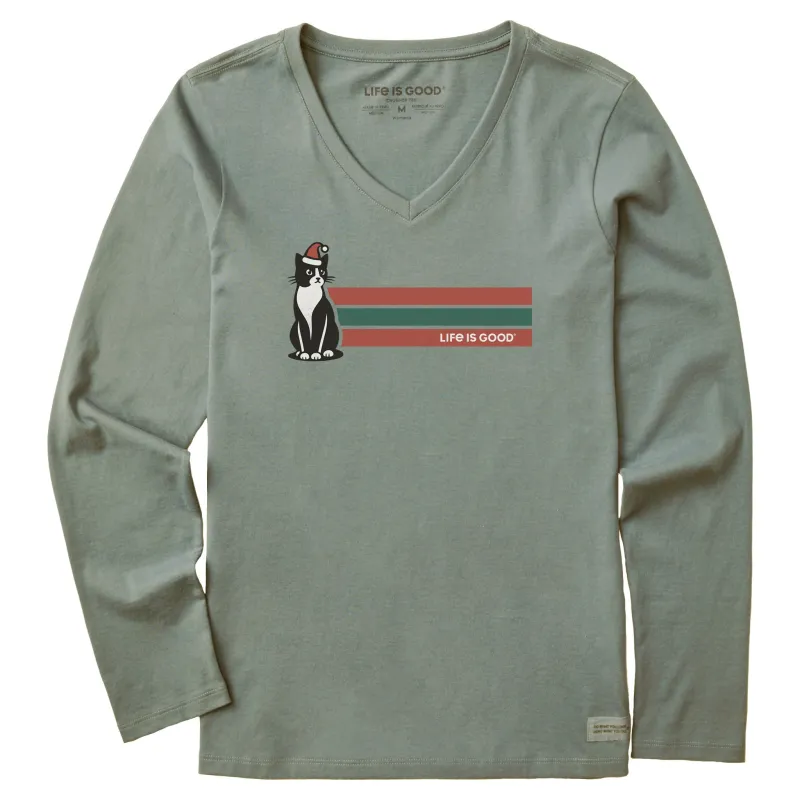 Women's Santa Tuxedo Cat Stripe Long Sleeve Crusher Vee sold by Life is Good