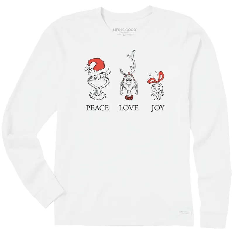 Women's Peace Love Joy Grinch friends Long Sleeve Crusher Tee sold by Life is Good