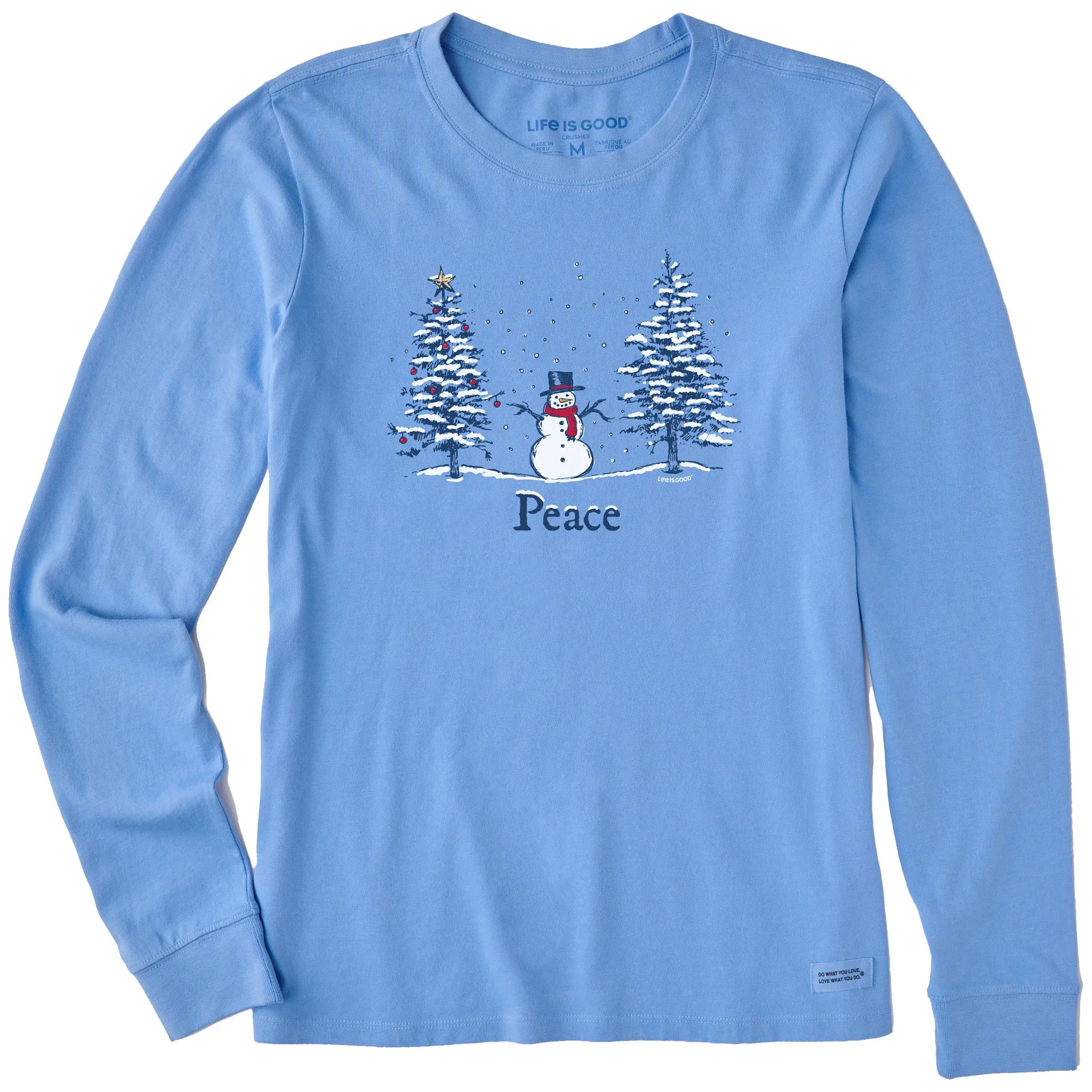 Women's Peace Trees Snowman Long Sleeve Crusher Tee sold by Life is Good