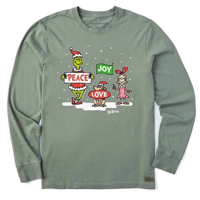 Men's Grinch Peace Love Joy Long Sleeve Crusher Tee sold by Life is Good