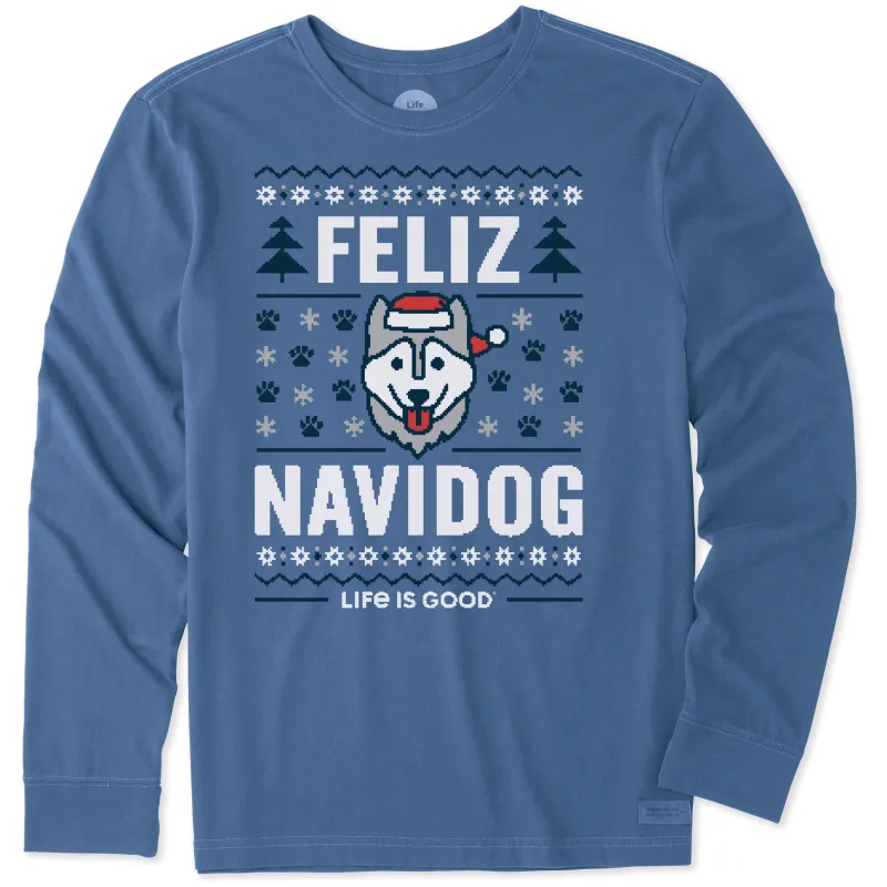 Men's Ugly Sweater Feliz Navidog Long Sleeve Crusher Tee sold by Life is Good