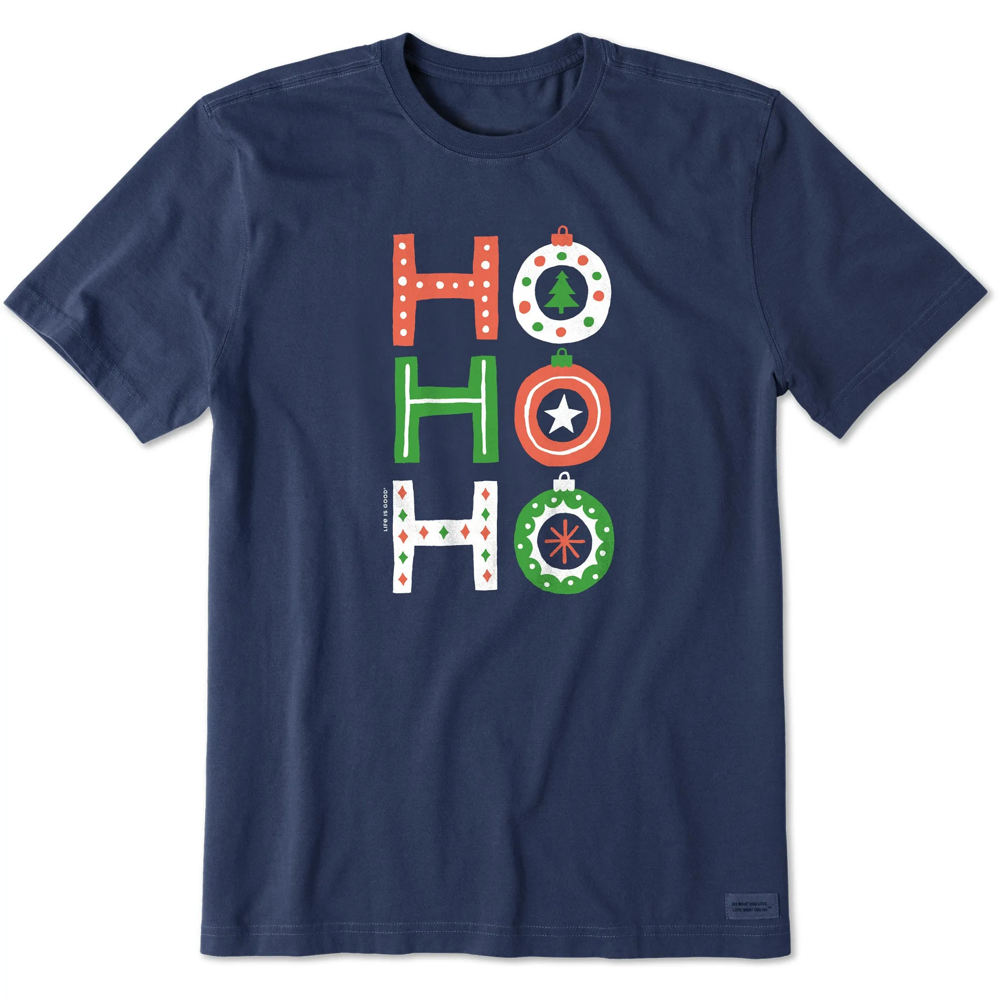 Men's Ho Ho Ho Ornaments Short Sleeve Crusher Tee sold by Life is Good