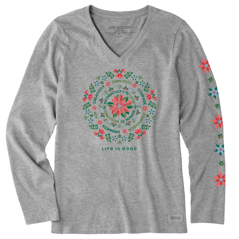 Women's Poinsettia Mandala Long Sleeve Crusher Vee sold by Life is Good