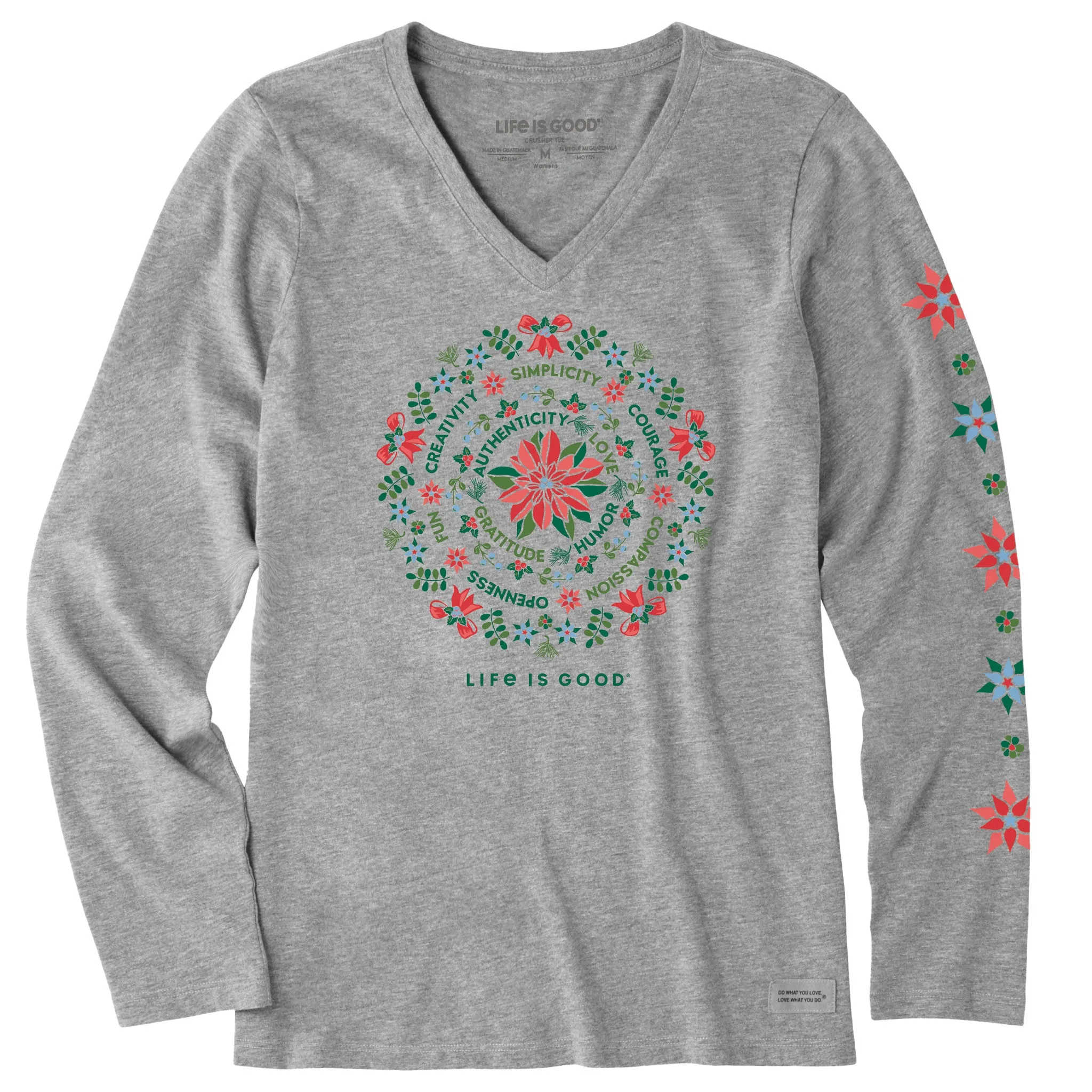 Women's Poinsettia Mandala Long Sleeve Crusher Vee sold by Life is Good