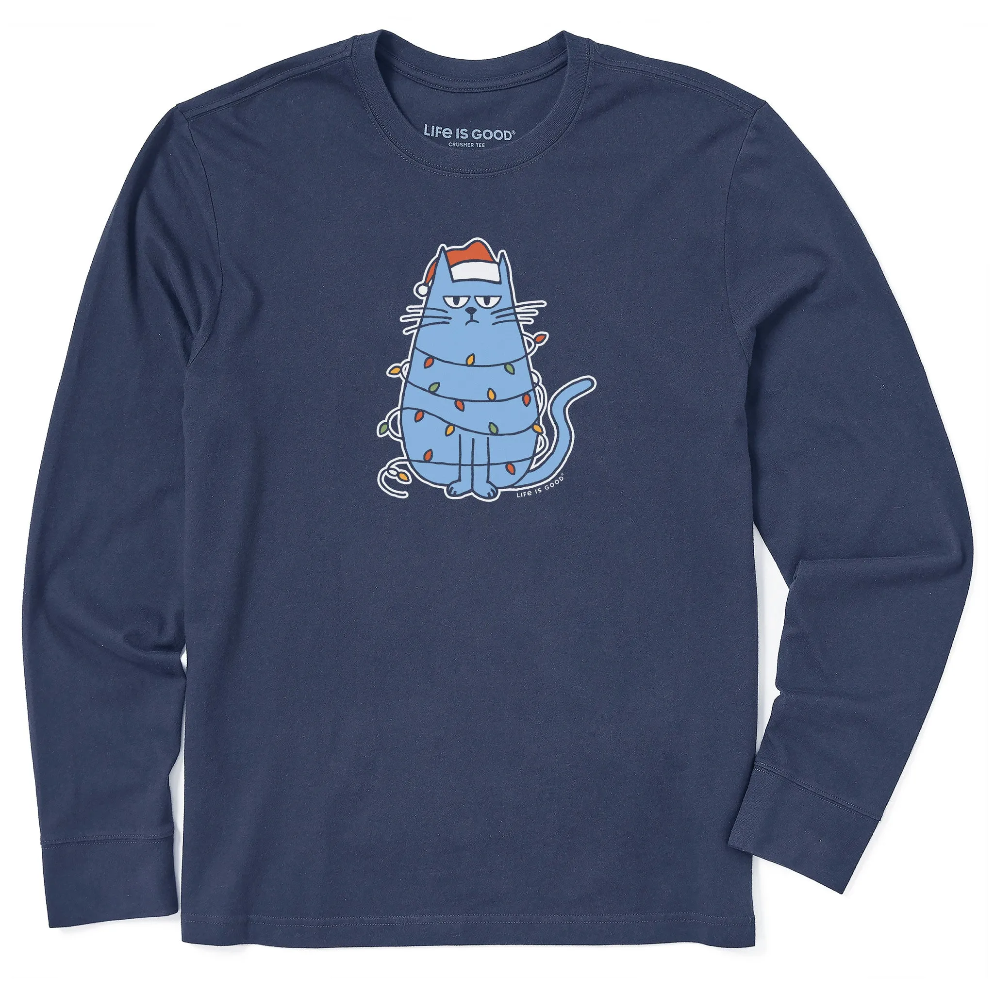 Men's Bored Christmas Cat Long Sleeve Crusher Tee sold by Life is Good
