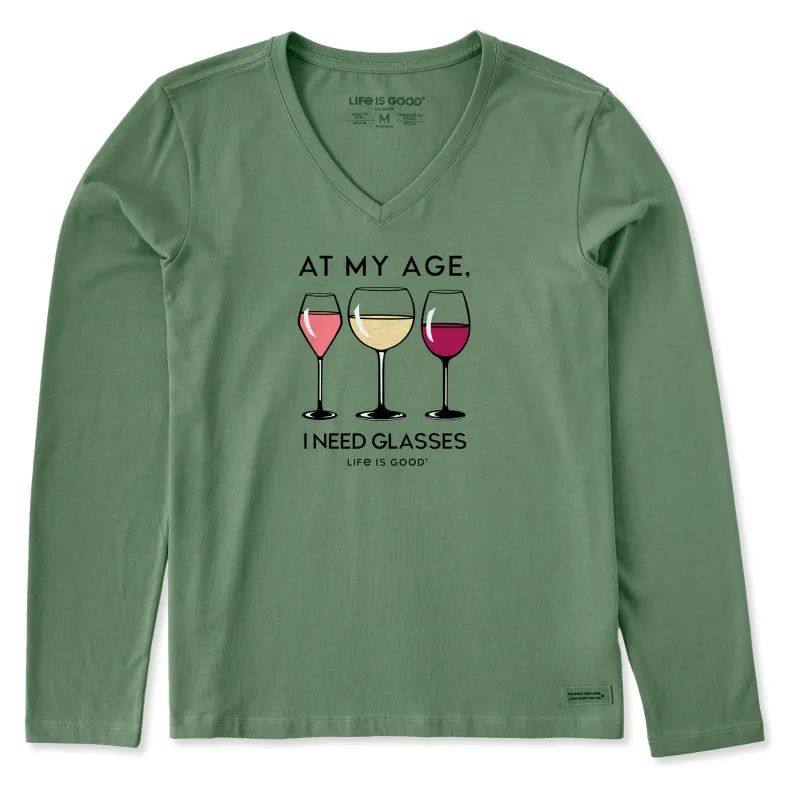 Women's I Need Glasses Wine Long Sleeve Crusher Vee sold by Life is Good