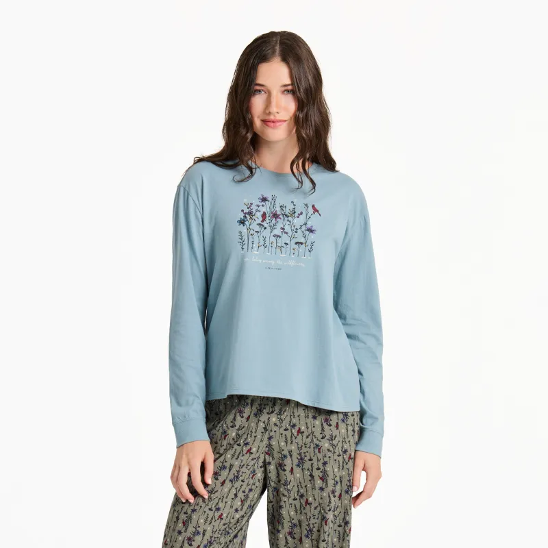 Women's Cardinal Wildflowers Long Sleeve Snuggle Up Sleep Tee sold by Life is Good