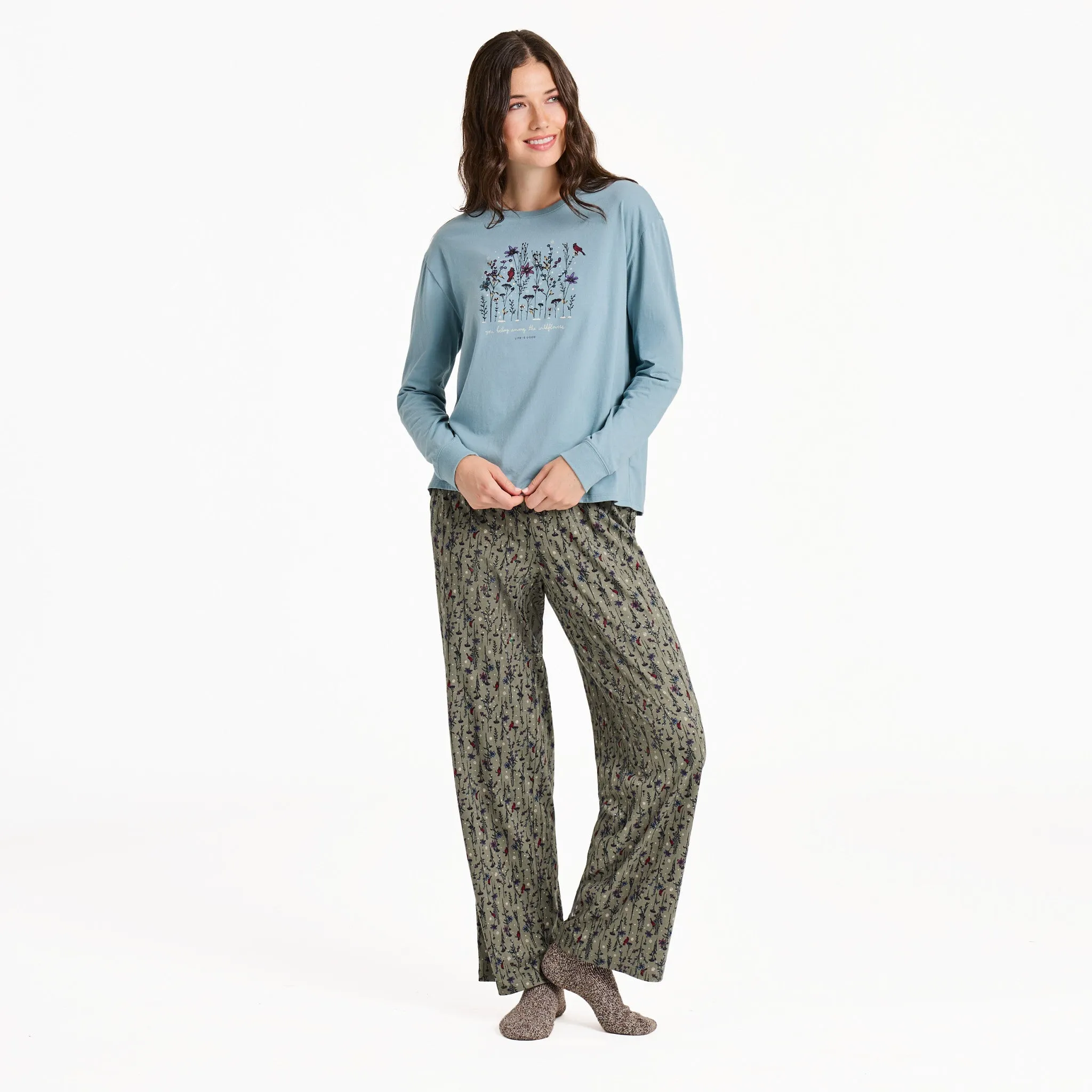 Women's Cardinal Wildflowers Long Sleeve Snuggle Up Sleep Tee sold by Life is Good product image thumbnail 4
