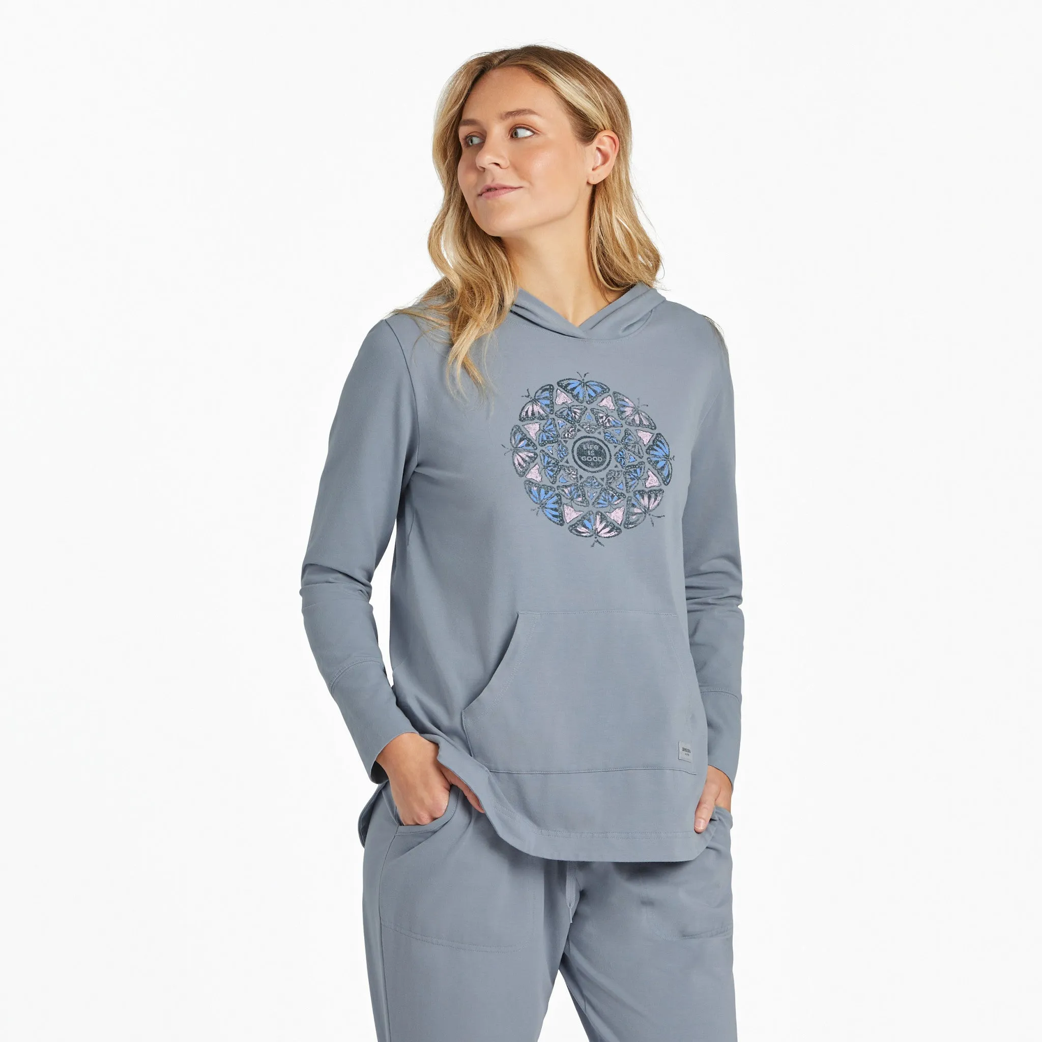 Women's Hand Drawn Butterfly Mandala Crusher-FLEX Hoodie Tunic sold by Life is Good