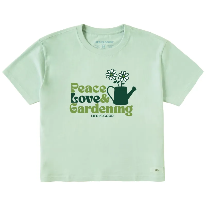 Women's Peace, Love & Gardening Short Sleeve Crusher Boxy Tee sold by Life is Good