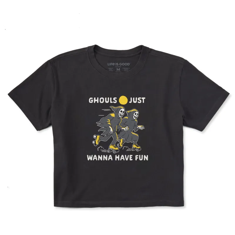 Women's Ghouls Just Wanna Have Fun Roller Skates Short Sleeve Crusher Boxy Tee sold by Life is Good