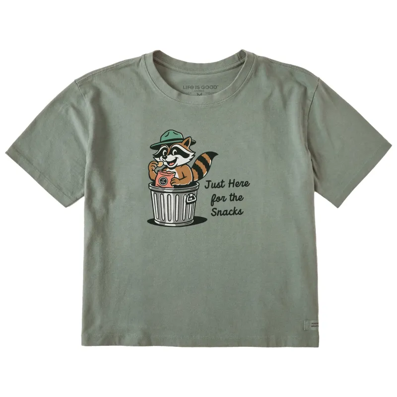 Women's Just Here for The Snacks Raccoon Short Sleeve Crusher Boxy Tee sold by Life is Good