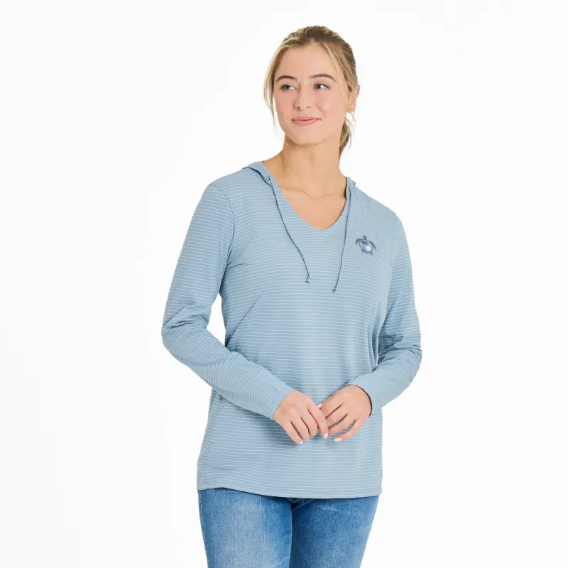 Women's Mini Beach Turtle Long Sleeve Striped Crusher-LITE Hooded Tee sold by Life is Good