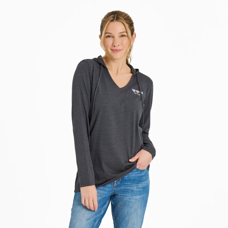 Women's 3 Hearts Long Sleeve Striped Crusher-LITE Hooded Tee sold by Life is Good