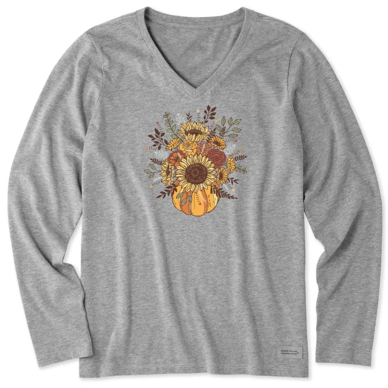 Women's Fall Pumpkin Flowers Long Sleeve Crusher Vee sold by Life is Good