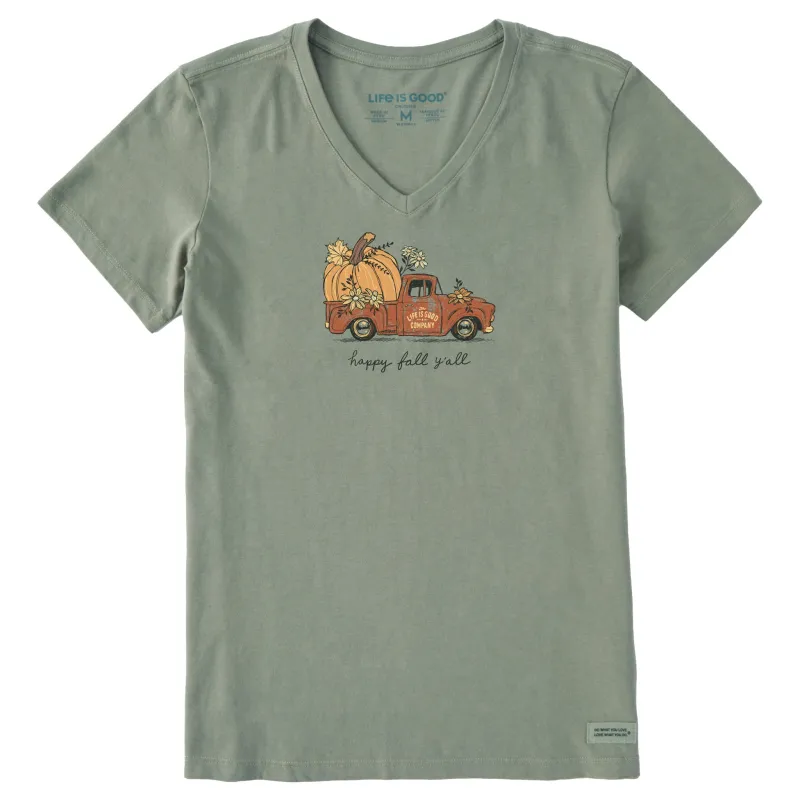 Women's Happy Fall Y'all Pickup Short Sleeve Crusher Vee sold by Life is Good