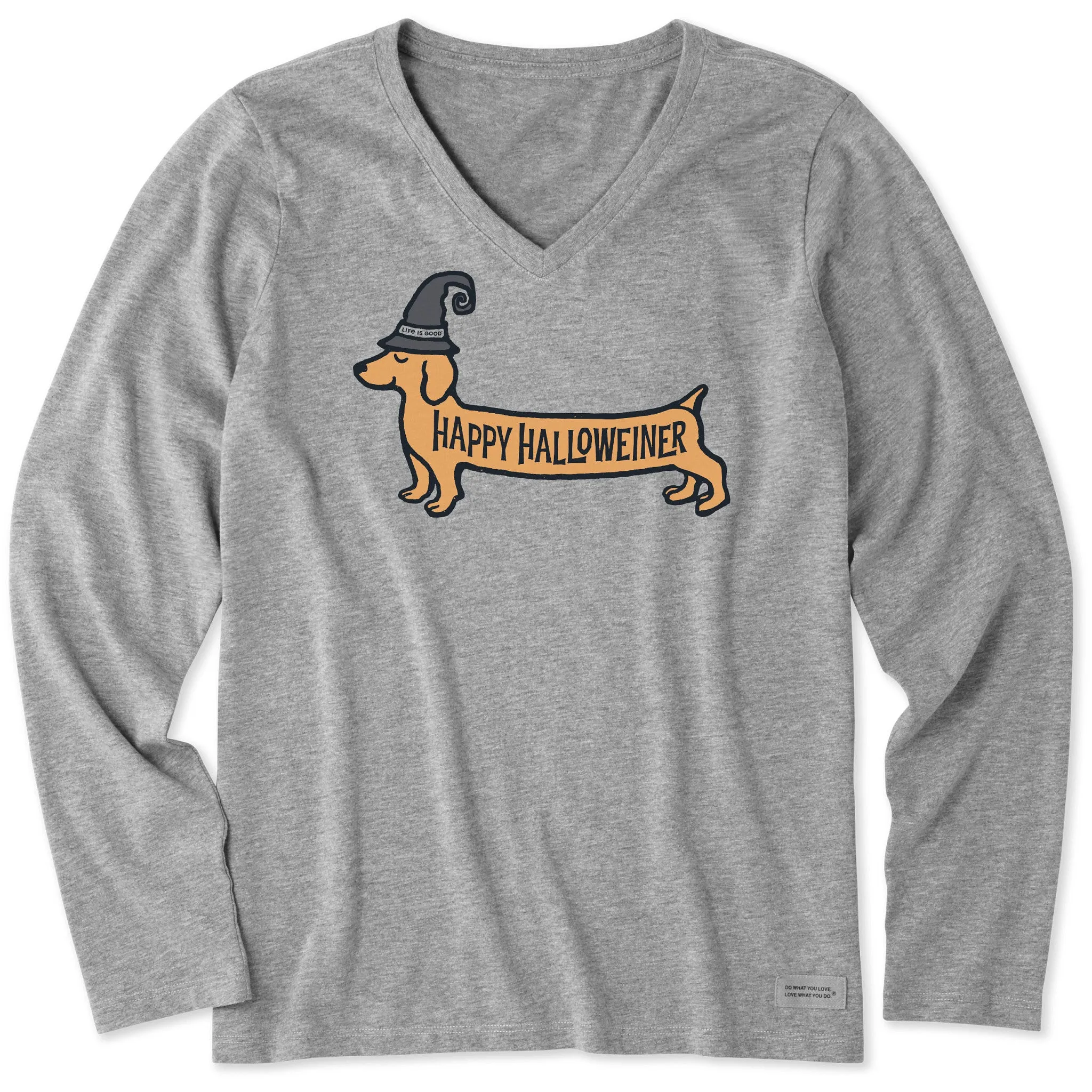 Women's Happy Halloweiner Long Sleeve Crusher Vee sold by Life is Good