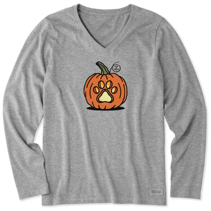 Women's Paw Pumpkin Long Sleeve Crusher Vee sold by Life is Good