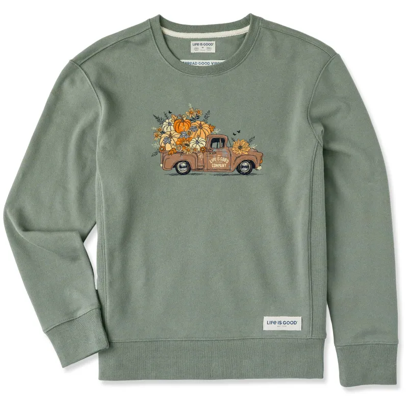 Women's Fall Flowers & Pumpkins Pickup Simply True Fleece Crew sold by Life is Good
