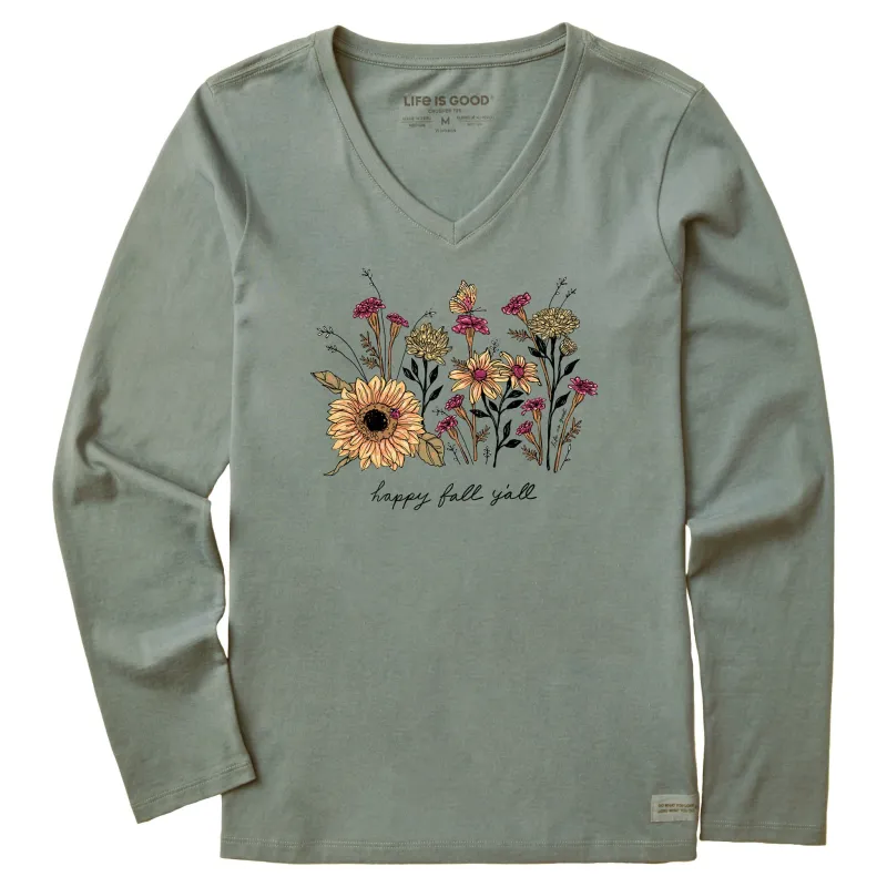 Women's Happy Fall Flowers Long Sleeve Crusher Vee sold by Life is Good