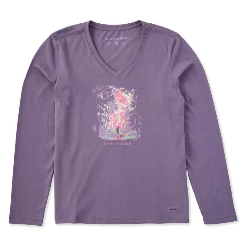 Women's W Hiker w Sunbeams in the Woods Long Sleeve Crusher Vee sold by Life is Good
