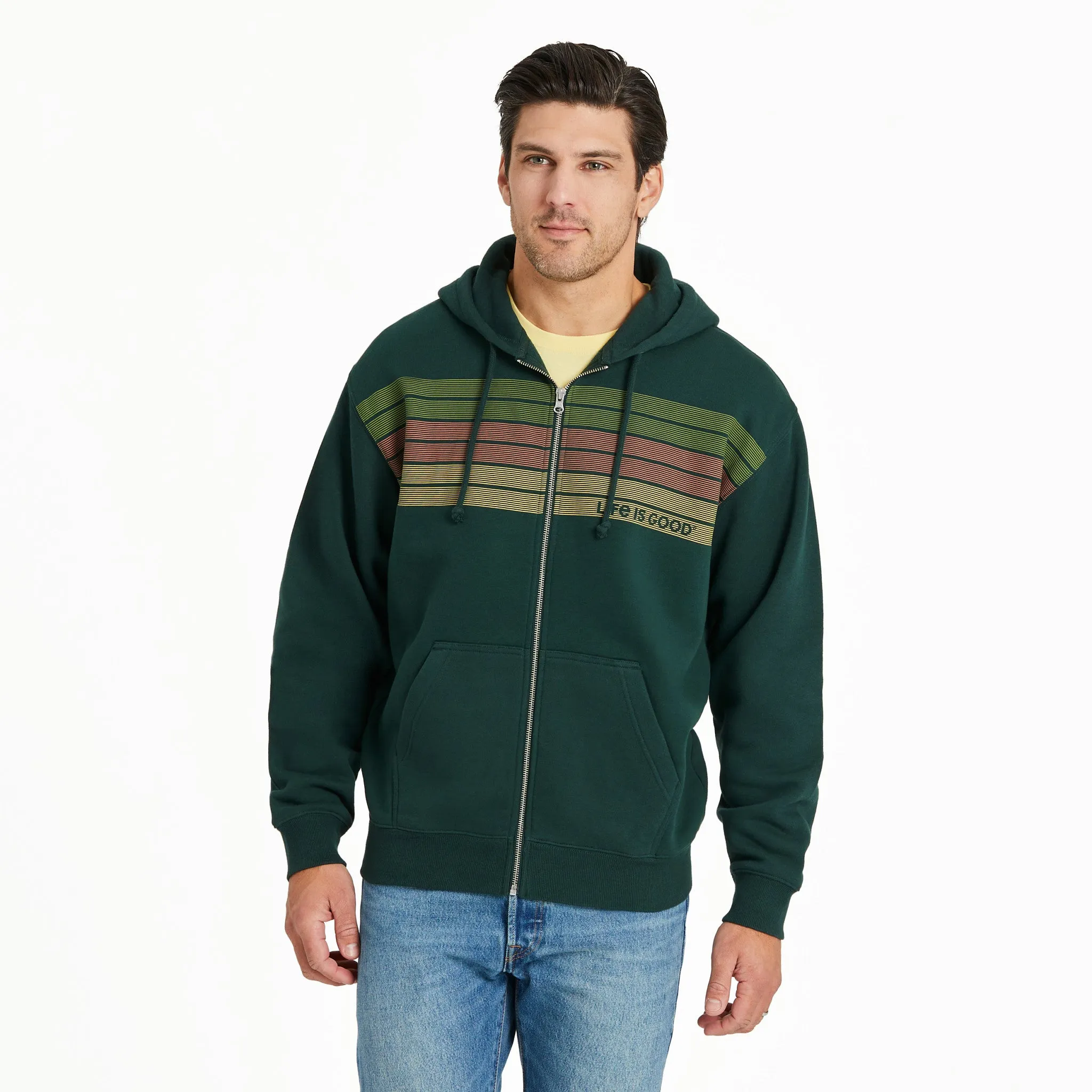 Men's Three Striped Block Good Vibes Fleece Zip Hoodie sold by Life is Good