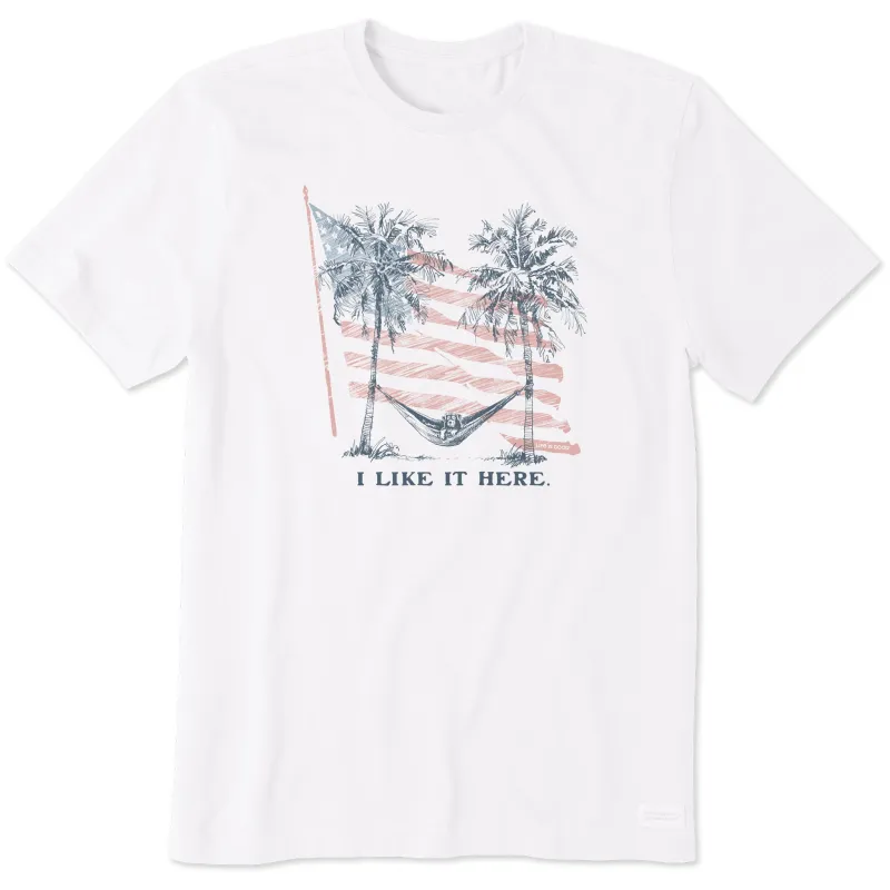 Men's I Like It Here Flag Hammock Short Sleeve Tee sold by Life is Good
