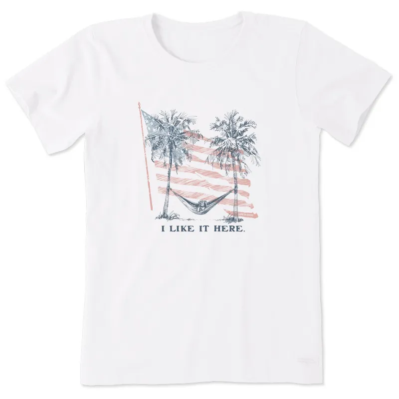 Women's I Like It Here Flag Hammock Short Sleeve Tee sold by Life is Good