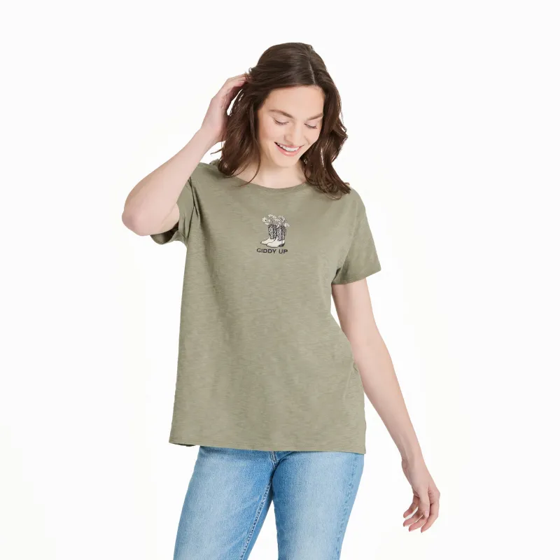 Women's Giddy Up Flower Boots Slub Easy Fit Tee sold by Life is Good