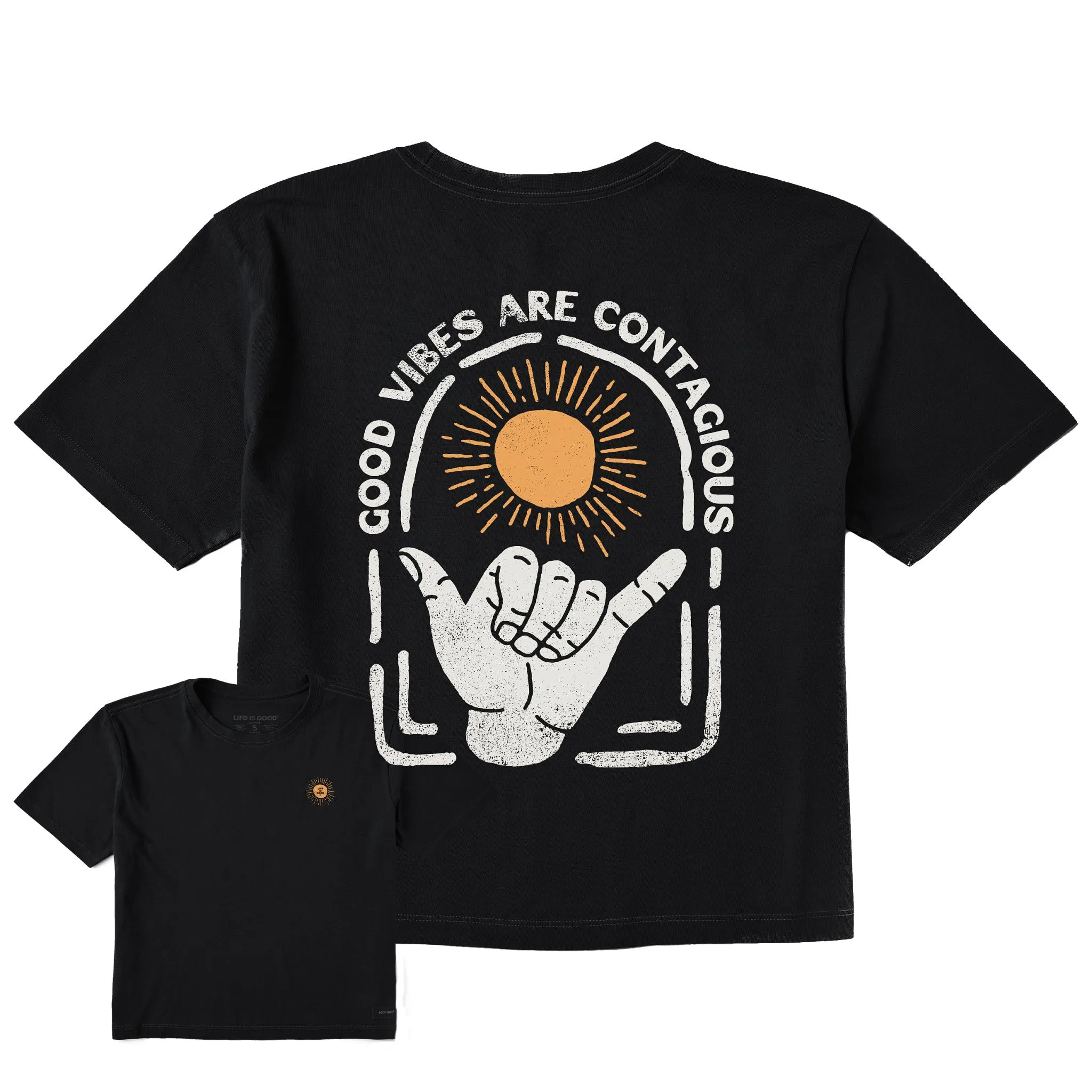 Women's Good Vibes are Contagious Hang Loose Short Sleeve Crusher Boxy Tee sold by Life is Good